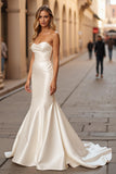 Simple Ivory Sweetheart Satin Mermaid Sweep Train Wedding Dress