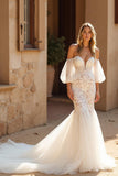 Ivory Lace Mermaid Sweep Train Wedding Dress with Sleeves