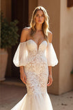Ivory Lace Mermaid Sweep Train Wedding Dress with Sleeves