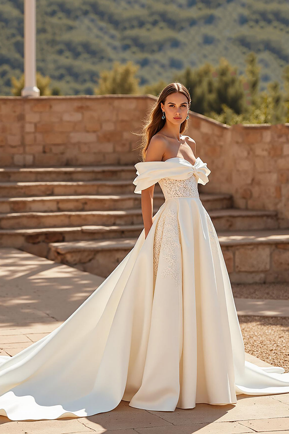 Ivory Off the Shoulder Satin Sweep Train Wedding Dress with Lace