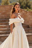 Ivory Off the Shoulder Satin Sweep Train Wedding Dress with Lace