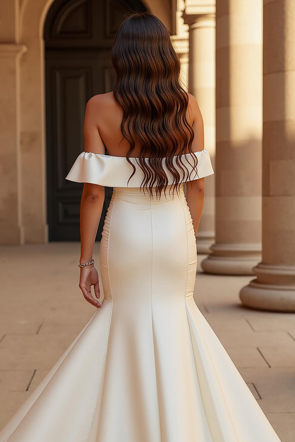 Ivory Satin Off the Shoulder Mermaid Sweep Train Wedding Dress with Slit