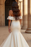 Ivory Satin Off the Shoulder Mermaid Sweep Train Wedding Dress with Slit