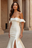 Ivory Satin Off the Shoulder Mermaid Sweep Train Wedding Dress with Slit
