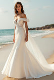 Satin Mermaid Ivory Watteau Train Wedding Dress with Lace