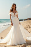 Satin Mermaid Ivory Watteau Train Wedding Dress with Lace