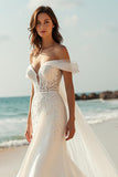 Satin Mermaid Ivory Watteau Train Wedding Dress with Lace