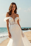 Satin Mermaid Ivory Watteau Train Wedding Dress with Lace