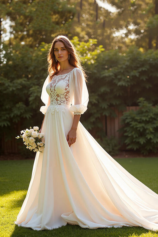 Ivory 3/4 Sleeves A Line Boho Sweep Train Wedding Dress with Lace