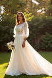 Ivory 3/4 Sleeves A Line Boho Sweep Train Wedding Dress with Lace