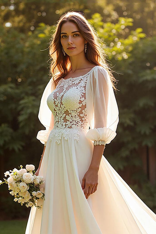 Ivory 3/4 Sleeves A Line Boho Sweep Train Wedding Dress with Lace