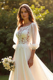 Ivory 3/4 Sleeves A Line Boho Sweep Train Wedding Dress with Lace