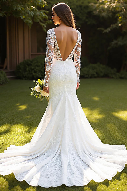 Ivory Lace Long Sleeves Mermaid Sweep Train Wedding Dress