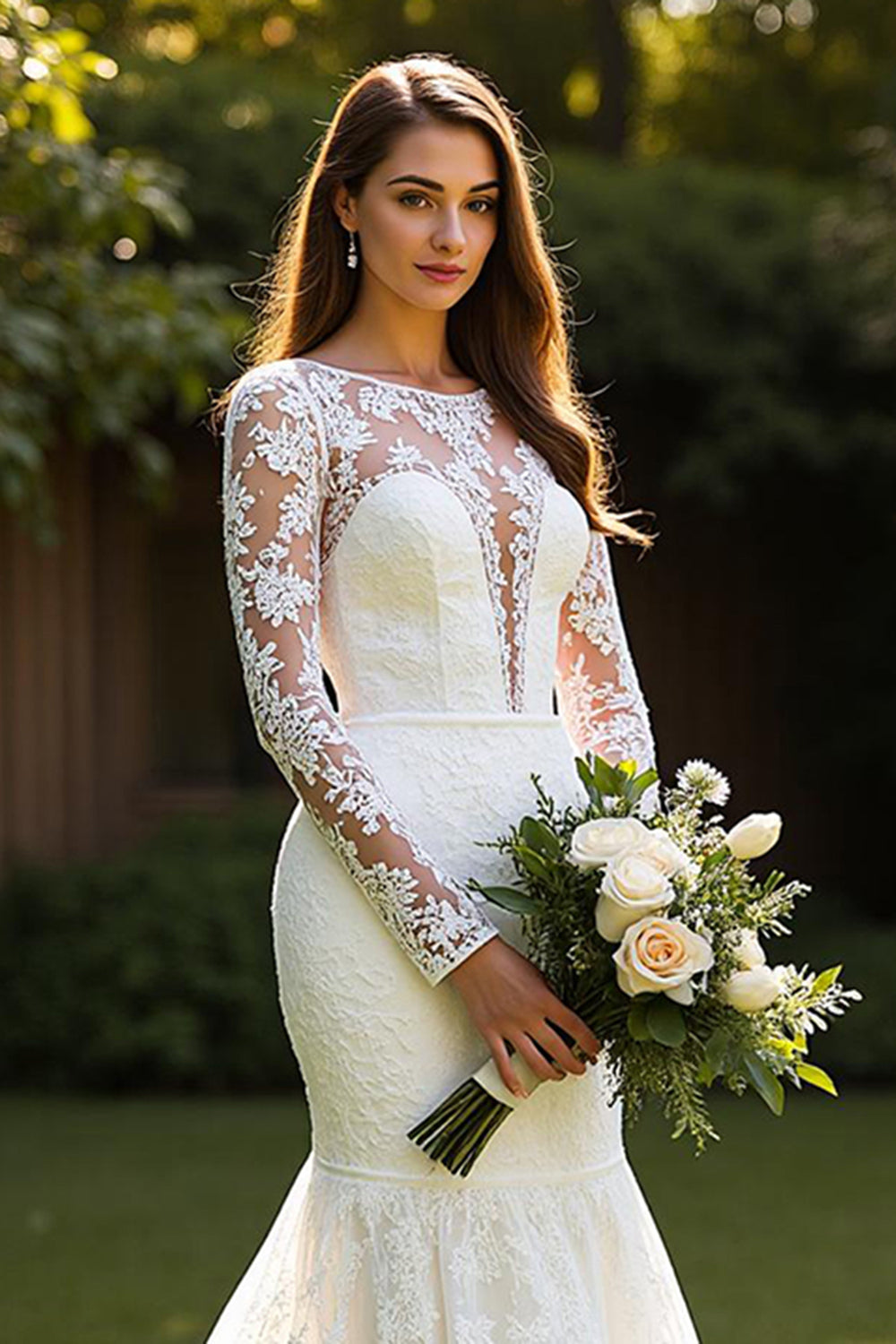 Ivory Lace Long Sleeves Mermaid Sweep Train Wedding Dress