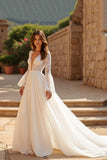 Chiffon Ivory Long Sleeves Boho Sweep Train Wedding Dress with Lace