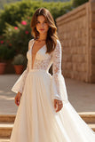 Chiffon Ivory Long Sleeves Boho Sweep Train Wedding Dress with Lace