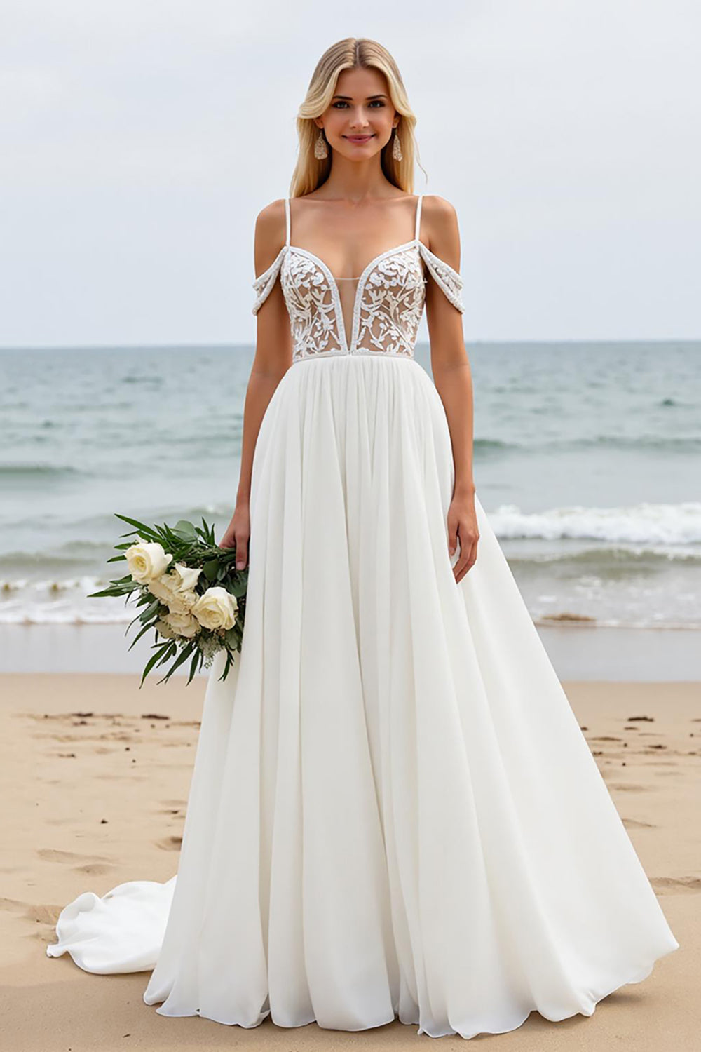 Ivory Chiffon Cold Shoulder Boho Sweep Train Wedding Dress with Lace