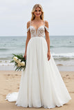Ivory Chiffon Cold Shoulder Boho Sweep Train Wedding Dress with Lace
