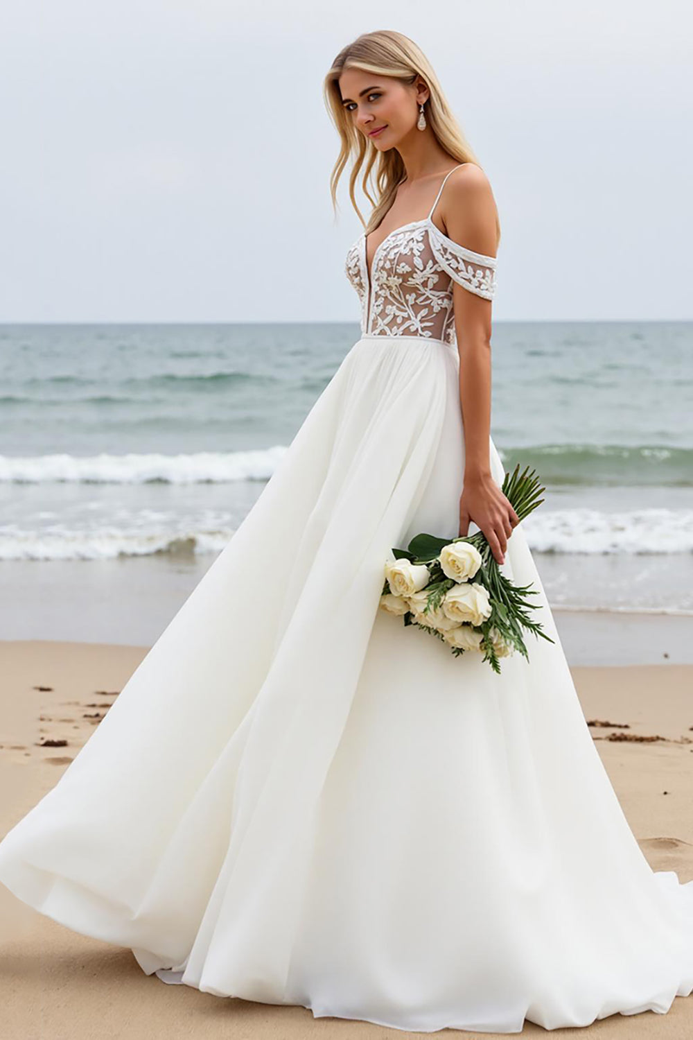 Ivory Chiffon Cold Shoulder Boho Sweep Train Wedding Dress with Lace