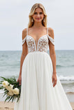 Ivory Chiffon Cold Shoulder Boho Sweep Train Wedding Dress with Lace