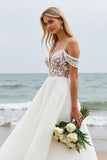 Ivory Chiffon Cold Shoulder Boho Sweep Train Wedding Dress with Lace