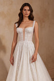 Glitter Ivory Corset Square Neck Sweep Train Wedding Dress