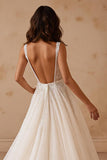 Glitter Ivory Corset Square Neck Sweep Train Wedding Dress