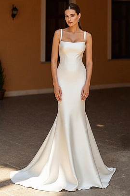 Simple Ivory Satin Mermaid Square Neck Sweep Train Wedding Dress