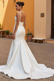 Simple Ivory Satin Mermaid Square Neck Sweep Train Wedding Dress