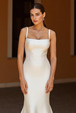 Simple Ivory Satin Mermaid Square Neck Sweep Train Wedding Dress
