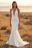 Ivory Mermaid Halter Sweep Train Wedding Dress with Lace