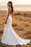 Ivory Mermaid Halter Sweep Train Wedding Dress with Lace
