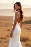Ivory Mermaid Halter Sweep Train Wedding Dress with Lace