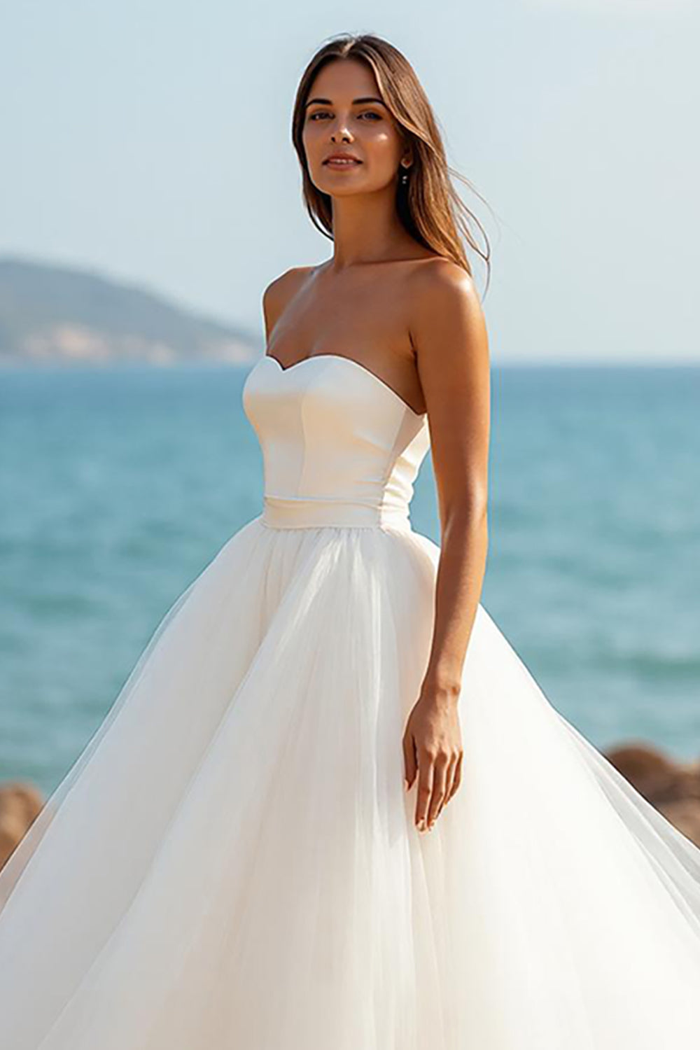 Simple Ivory Sweetheart A Line Tulle Sweep Train Wedding Dress