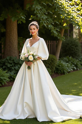 Simple Ivory Satin Half Sleeves V-Neck Sweep Train Wedding Dress