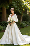 Simple Ivory Satin Half Sleeves V-Neck Sweep Train Wedding Dress