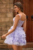 Lavender A Line Corset Tiered Short Homecoming Dress with Ruffles