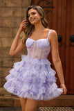 Lavender A Line Corset Tiered Short Homecoming Dress with Ruffles