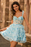 Blue Floral Corset A Line Tiered Short Homecoming Dress with Ruffles