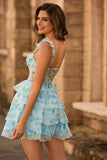 Blue Floral Corset A Line Tiered Short Homecoming Dress with Ruffles