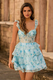 Blue Floral Corset A Line Tiered Short Homecoming Dress with Ruffles