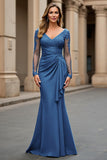 Navy Mermaid V-Neck Ruched Long Sleeves Mother of the Bride Dress