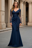 Navy Mermaid Ruched V-Neck Maxi Mother of the Bride Dress with Sleeves