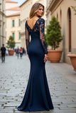 Navy Mermaid Ruched V-Neck Maxi Mother of the Bride Dress with Sleeves