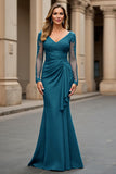 Navy Mermaid V-Neck Ruched Long Sleeves Mother of the Bride Dress