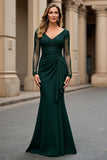 Navy Mermaid Ruched V-Neck Maxi Mother of the Bride Dress with Sleeves