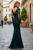 Navy Mermaid Ruched V-Neck Maxi Mother of the Bride Dress with Sleeves