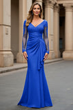 Navy Mermaid V-Neck Ruched Long Sleeves Mother of the Bride Dress