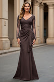 Navy Mermaid V-Neck Ruched Long Sleeves Mother of the Bride Dress
