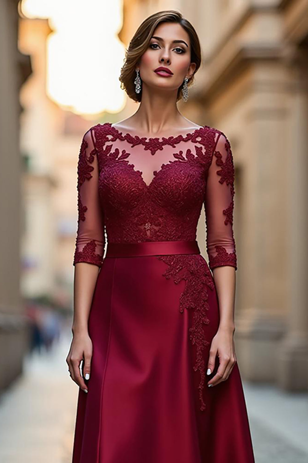 Dark Red Satin A Line Maxi Mother of the Bride Dress with Appliques